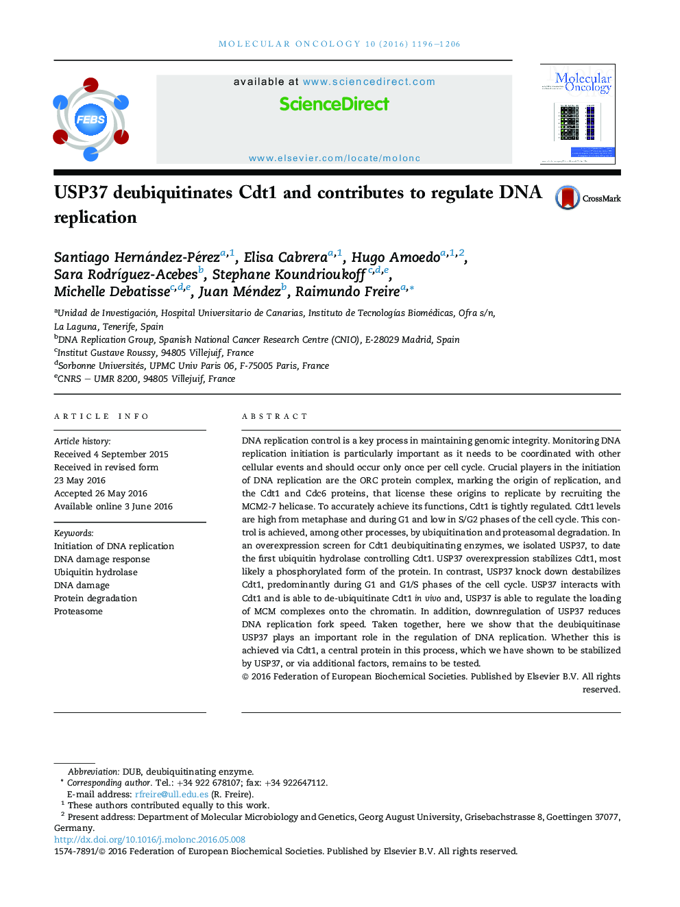 USP37 deubiquitinates Cdt1 and contributes to regulate DNA replication