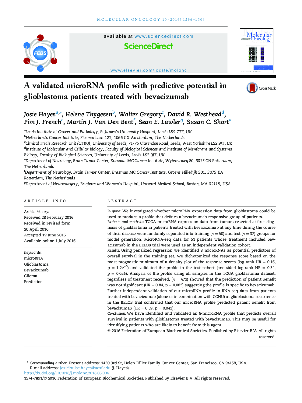 A validated microRNA profile with predictive potential in glioblastoma patients treated with bevacizumab