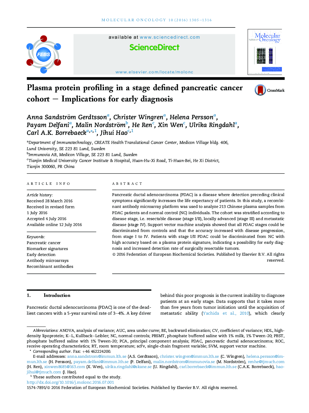 Plasma protein profiling in a stage defined pancreatic cancer cohort - Implications for early diagnosis