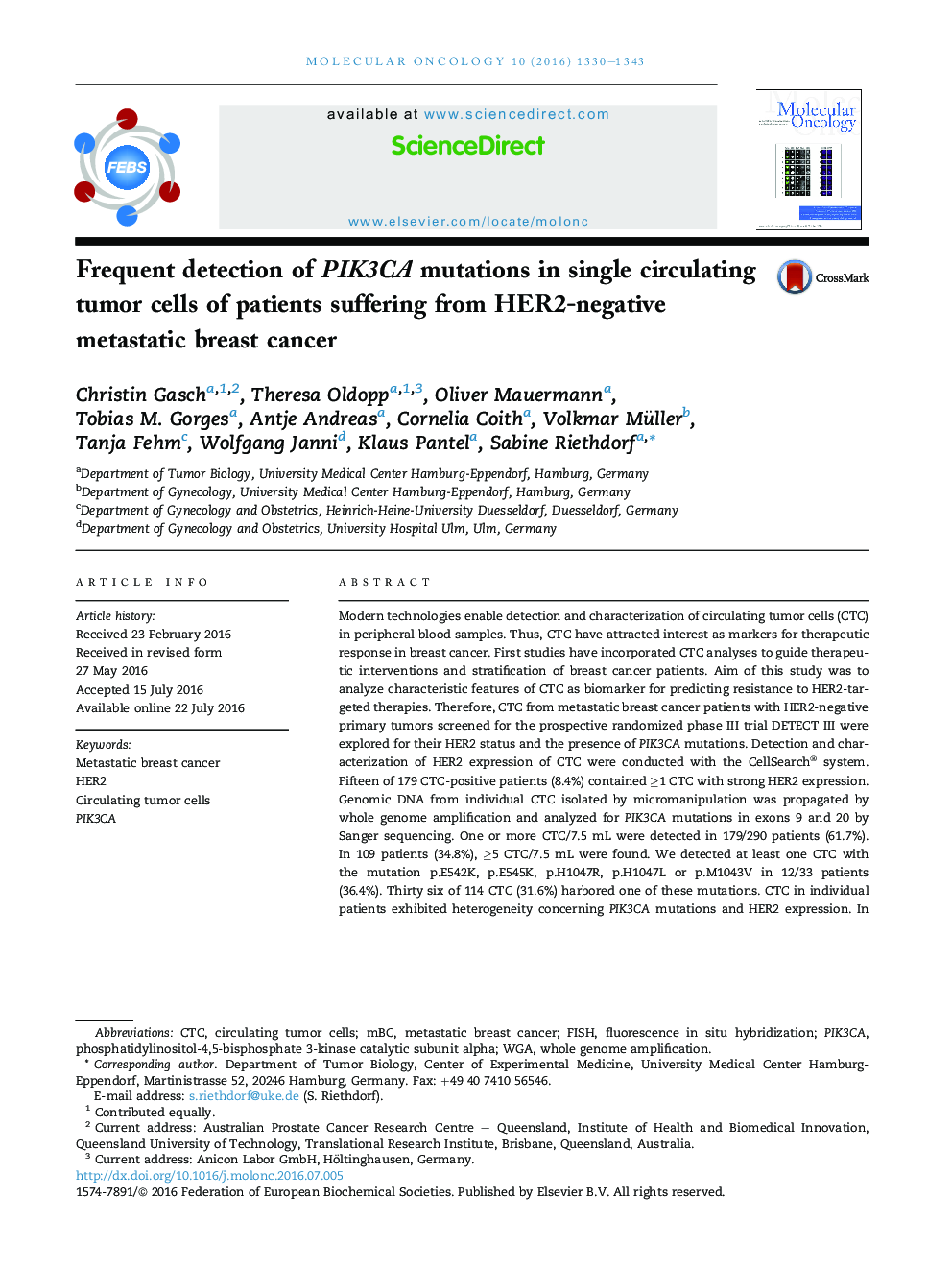 Frequent detection of PIK3CA mutations in single circulating tumor cells of patients suffering from HER2-negative metastatic breast cancer