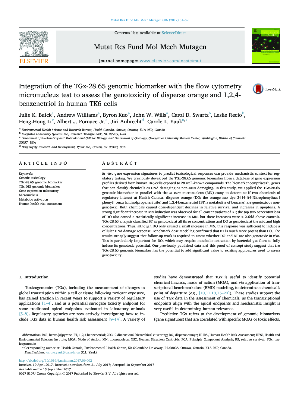 Integration of the TGx-28.65 genomic biomarker with the flow cytometry micronucleus test to assess the genotoxicity of disperse orange and 1,2,4-benzenetriol in human TK6 cells