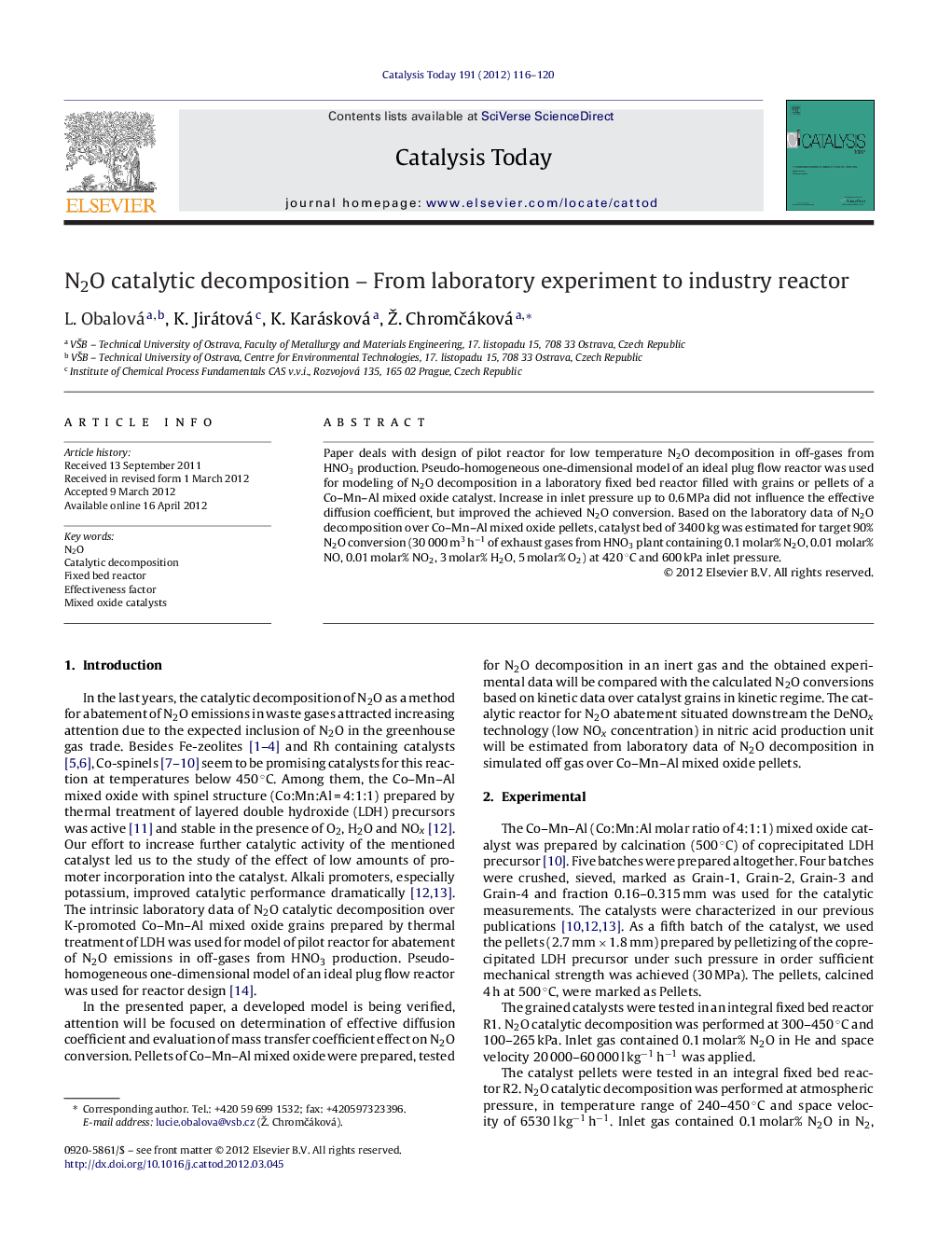 N2O catalytic decomposition – From laboratory experiment to industry reactor