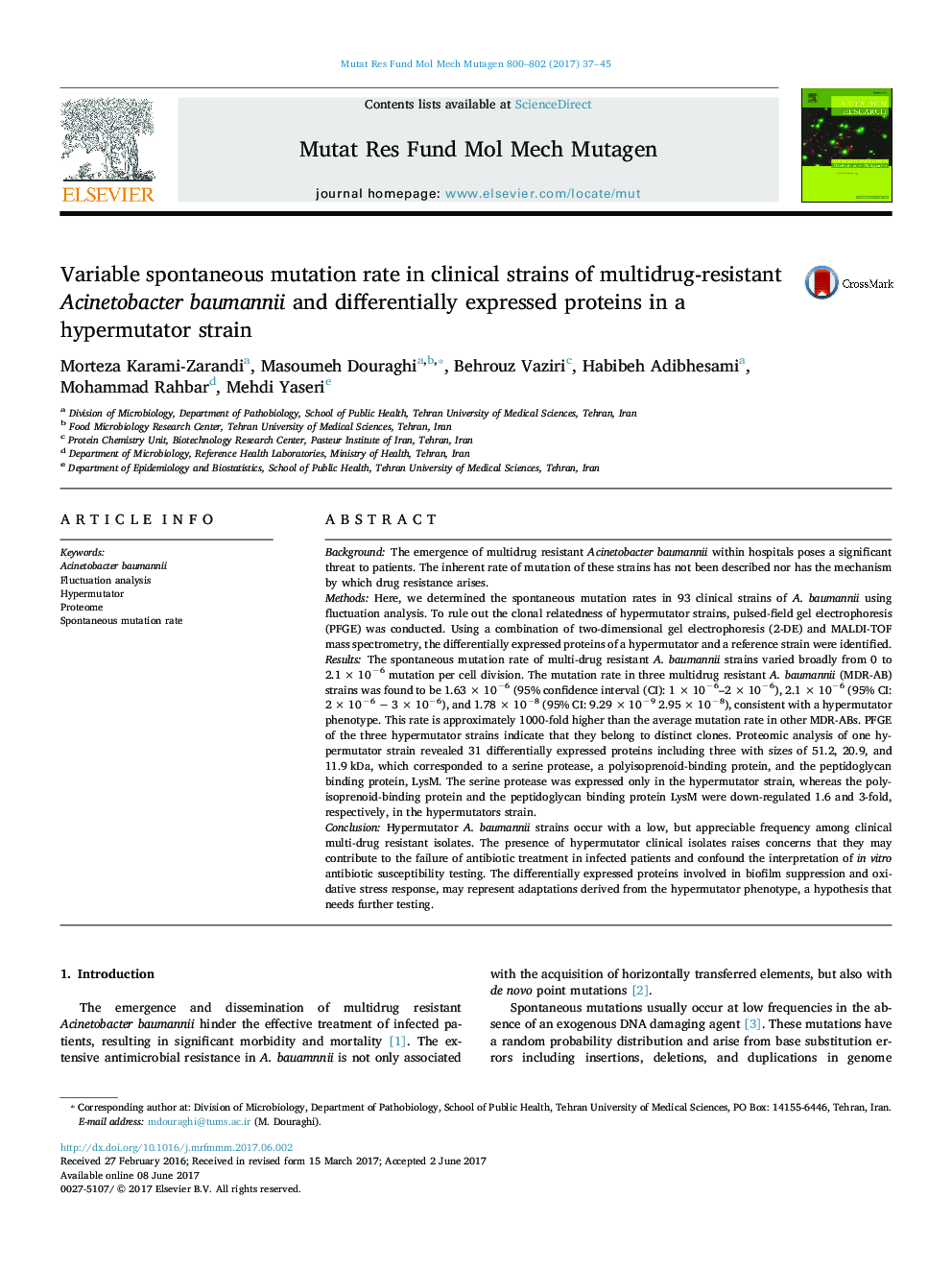 Variable spontaneous mutation rate in clinical strains of multidrug-resistant Acinetobacter baumannii and differentially expressed proteins in a hypermutator strain