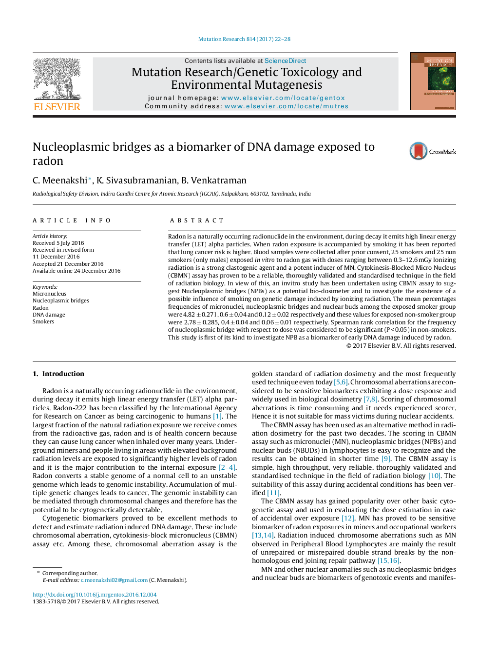 Nucleoplasmic bridges as a biomarker of DNA damage exposed to radon