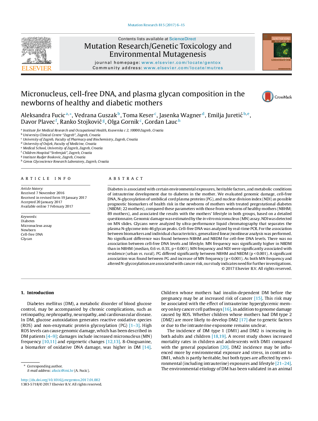 Micronucleus, cell-free DNA, and plasma glycan composition in the newborns of healthy and diabetic mothers