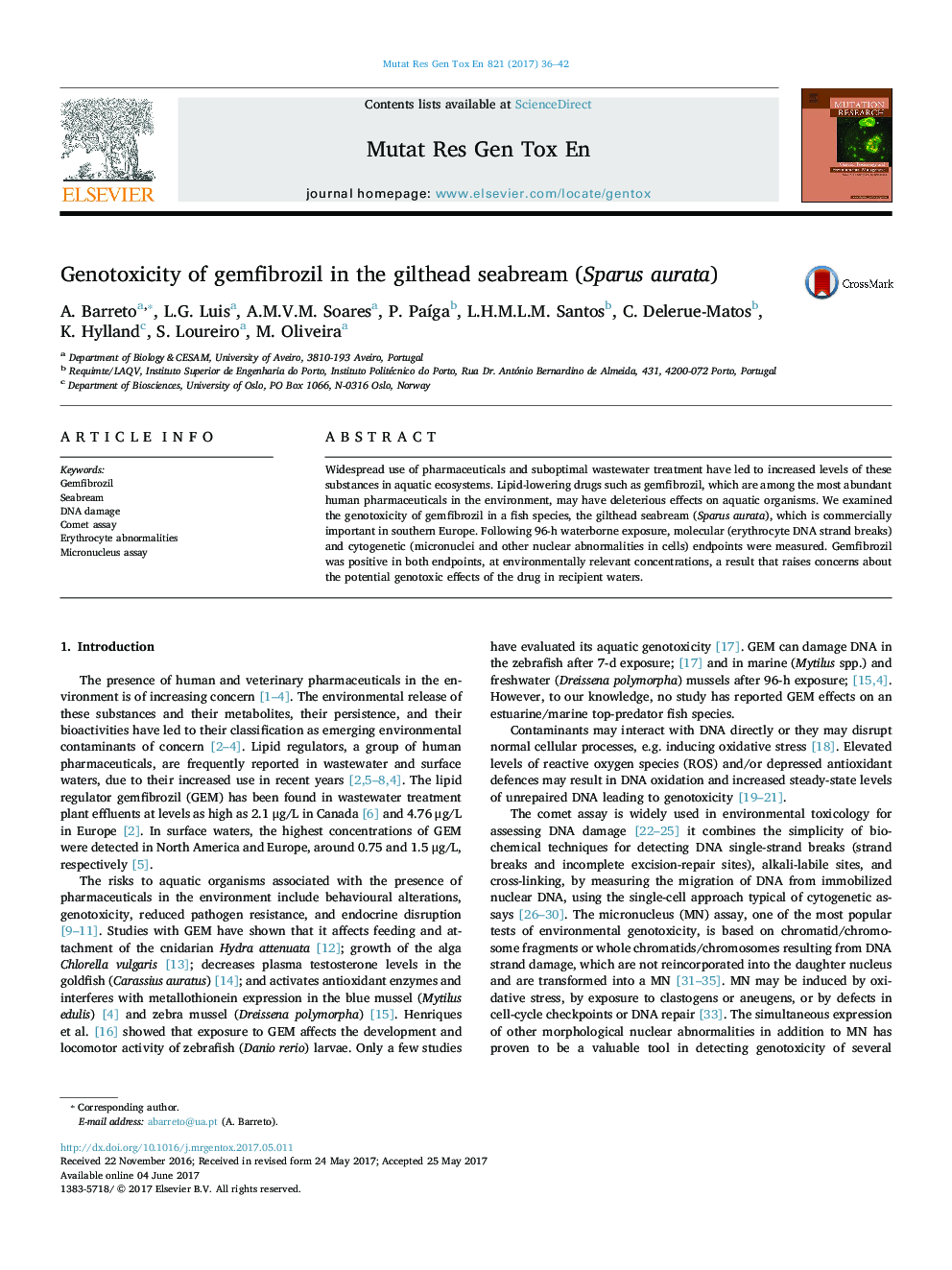 Genotoxicity of gemfibrozil in the gilthead seabream (Sparus aurata)