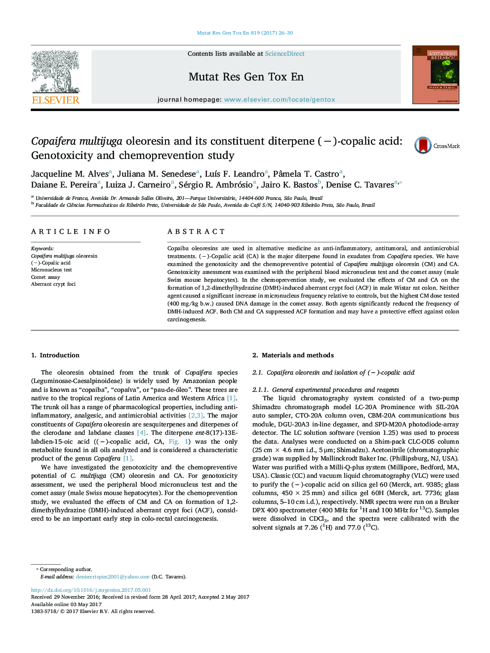 Copaifera multijuga oleoresin and its constituent diterpene (â)-copalic acid: Genotoxicity and chemoprevention study