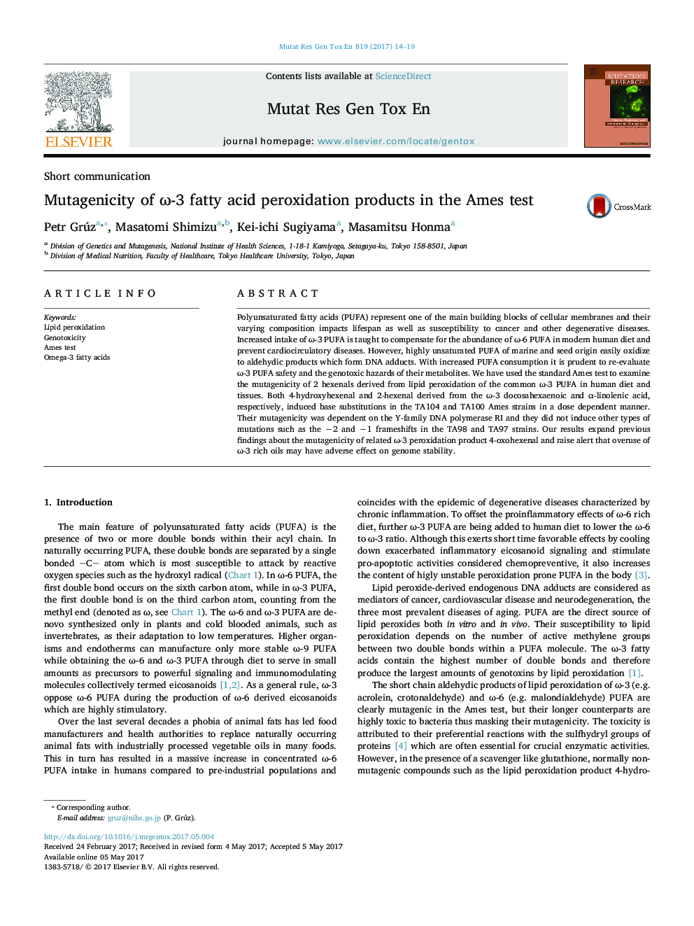 Short communicationMutagenicity of Ï-3 fatty acid peroxidation products in the Ames test