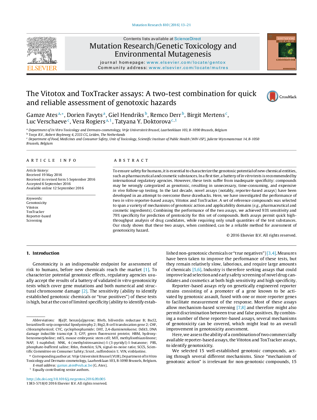 The Vitotox and ToxTracker assays: A two-test combination for quick and reliable assessment of genotoxic hazards