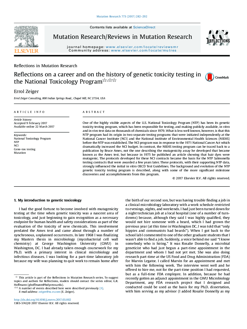 Reflections in Mutation ResearchReflections on a career and on the history of genetic toxicity testing in the National Toxicology Program