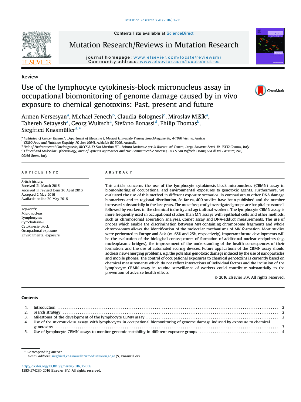 ReviewUse of the lymphocyte cytokinesis-block micronucleus assay in occupational biomonitoring of genome damage caused by in vivo exposure to chemical genotoxins: Past, present and future