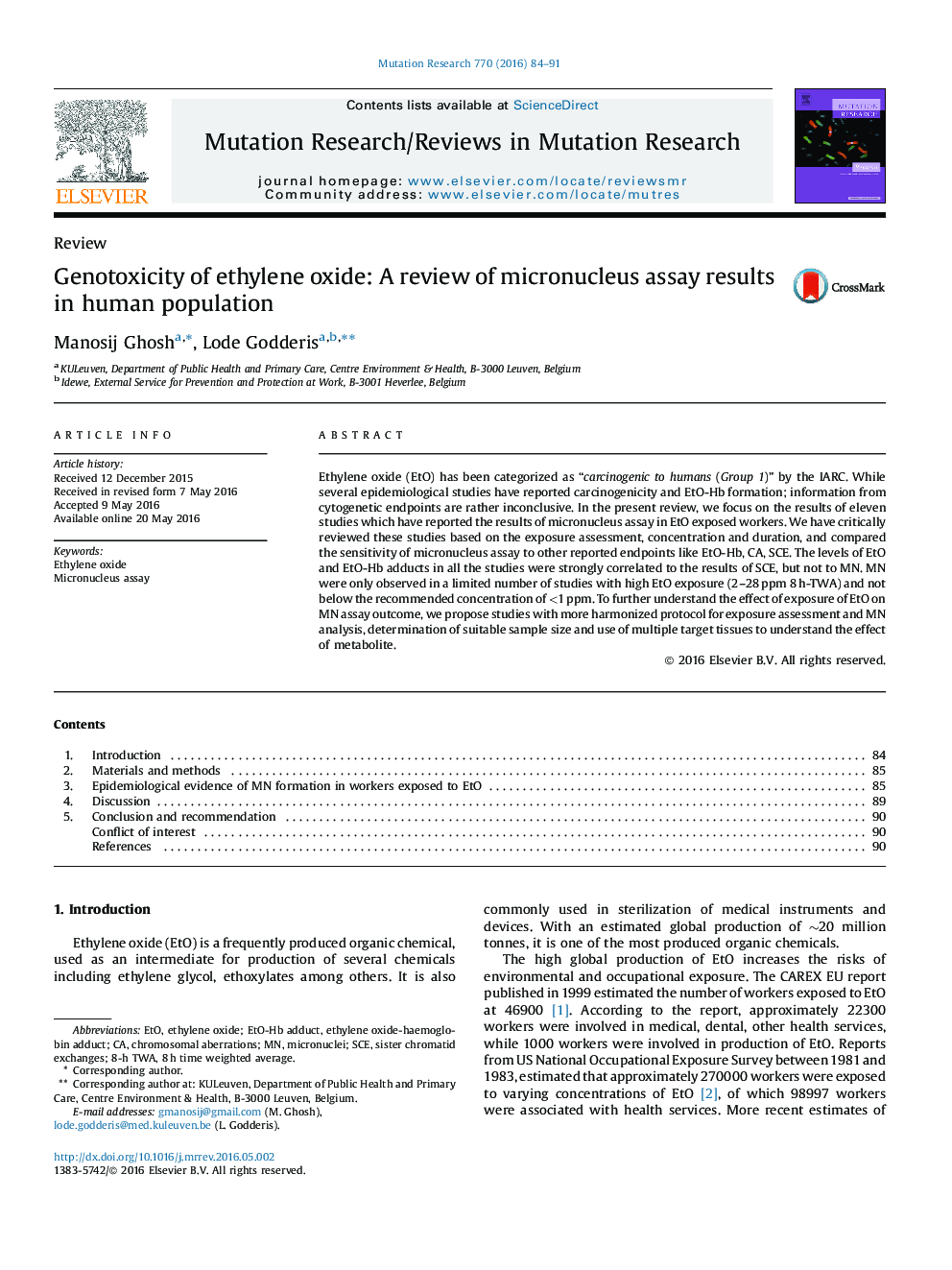 ReviewGenotoxicity of ethylene oxide: A review of micronucleus assay results in human population