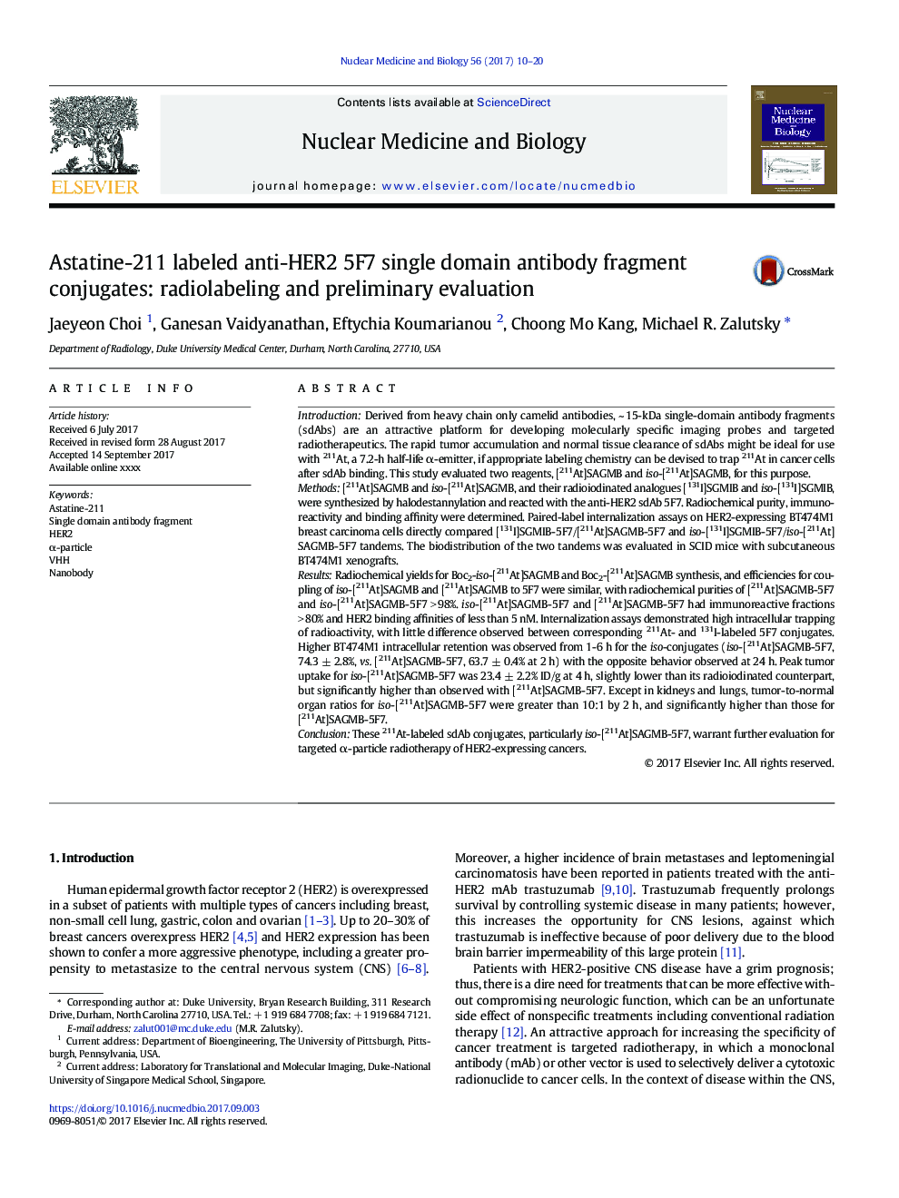 Astatine-211 labeled anti-HER2 5F7 single domain antibody fragment conjugates: radiolabeling and preliminary evaluation