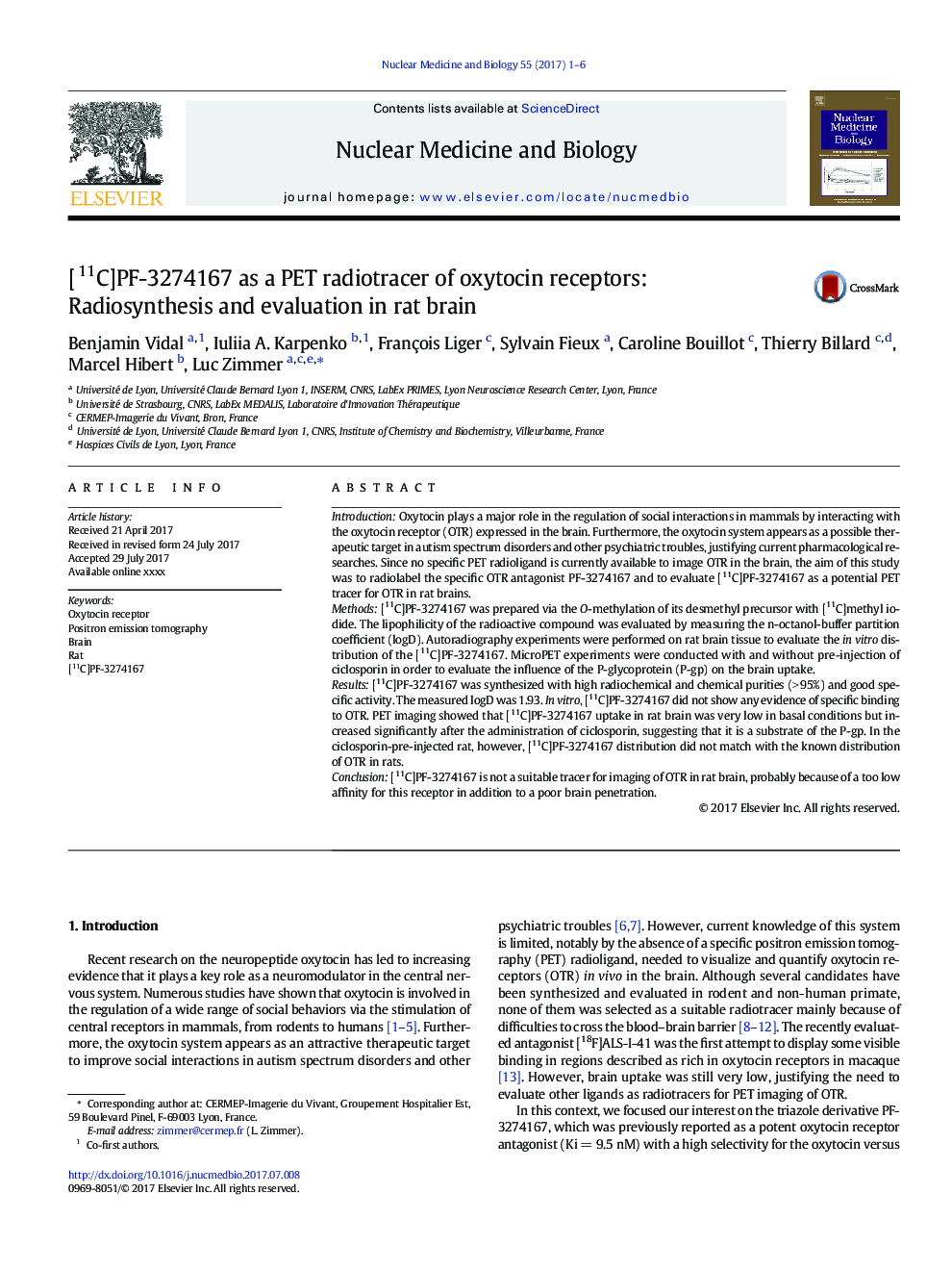 [11C]PF-3274167 as a PET radiotracer of oxytocin receptors: Radiosynthesis and evaluation in rat brain