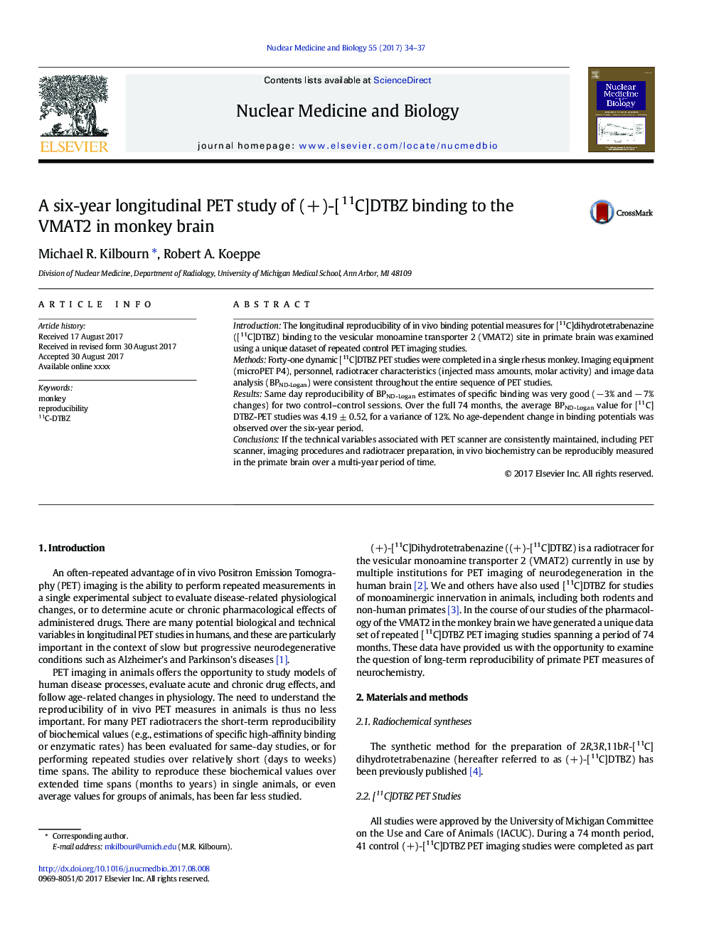 A six-year longitudinal PET study of (+)-[11C]DTBZ binding to the VMAT2 in monkey brain