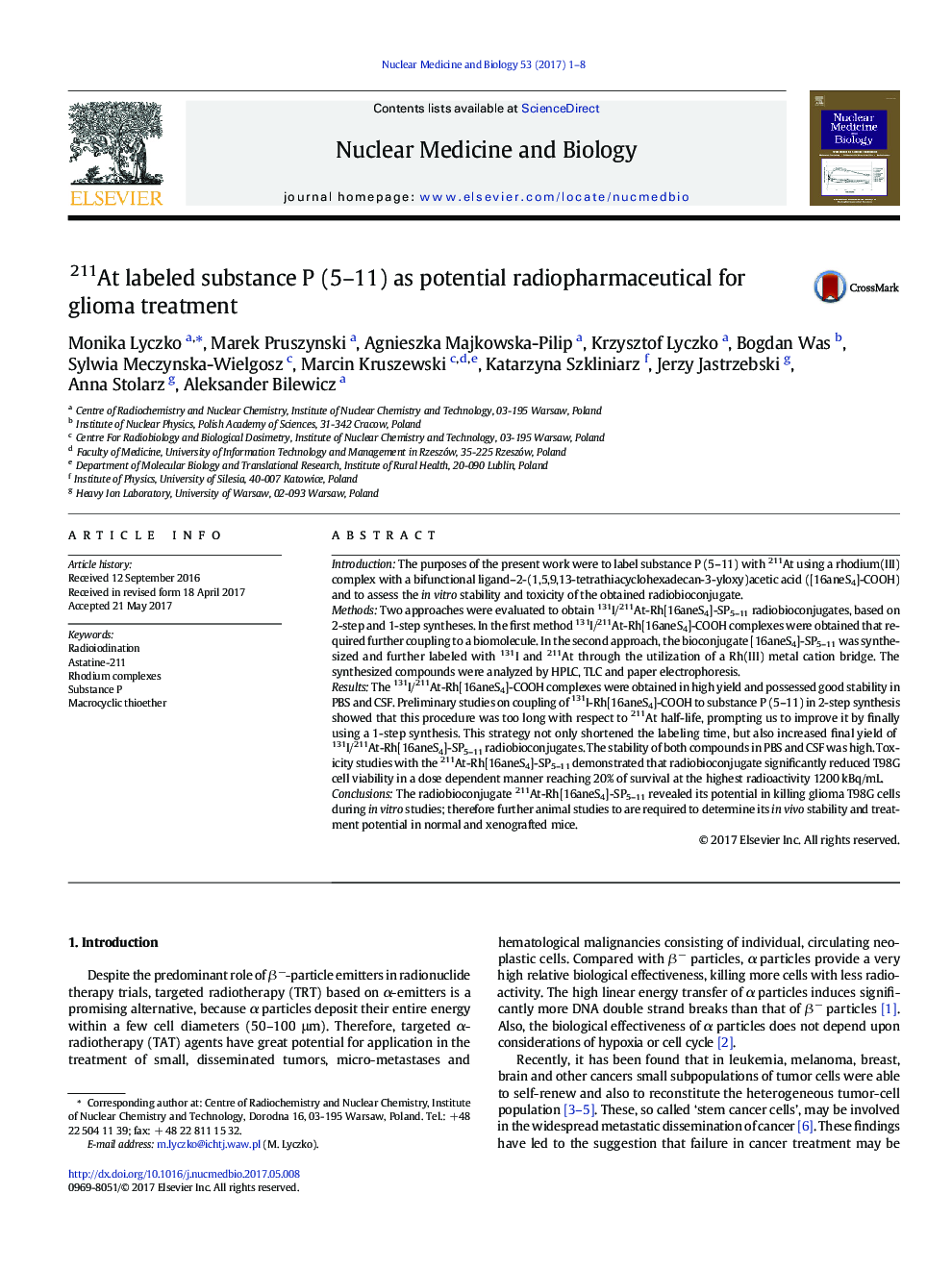 211At labeled substance P (5-11) as potential radiopharmaceutical for glioma treatment