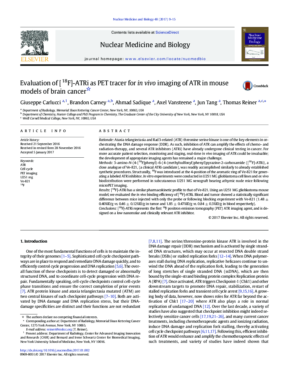 Evaluation of [18F]-ATRi as PET tracer for in vivo imaging of ATR in mouse models of brain cancer