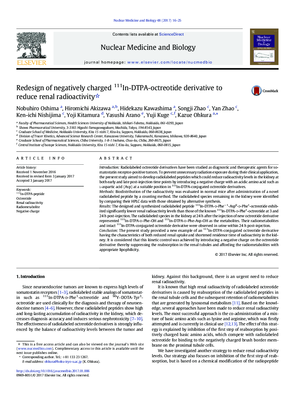 Redesign of negatively charged 111In-DTPA-octreotide derivative to reduce renal radioactivity