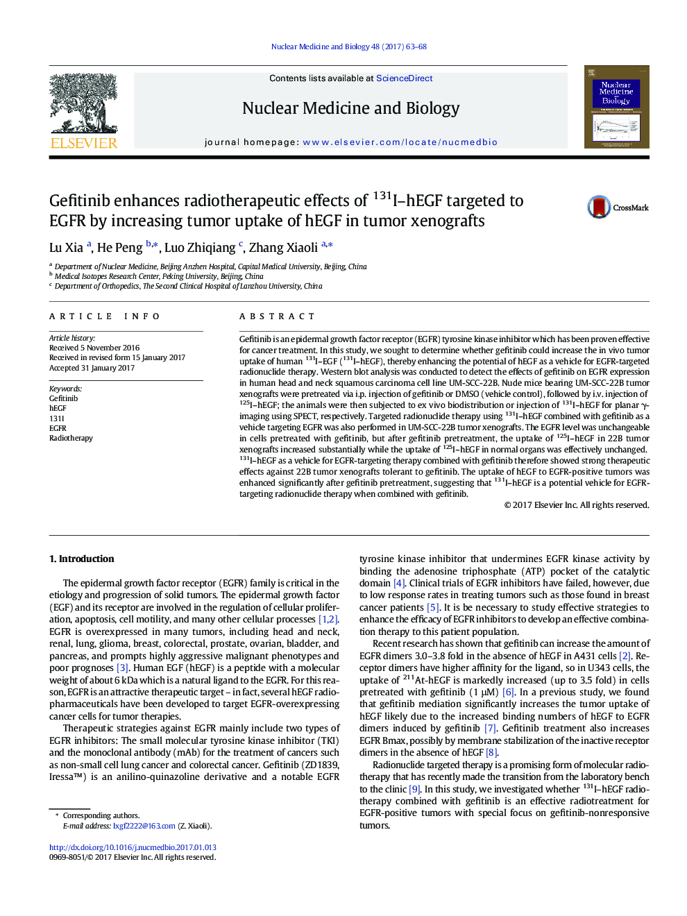 Gefitinib enhances radiotherapeutic effects of 131I-hEGF targeted to EGFR by increasing tumor uptake of hEGF in tumor xenografts