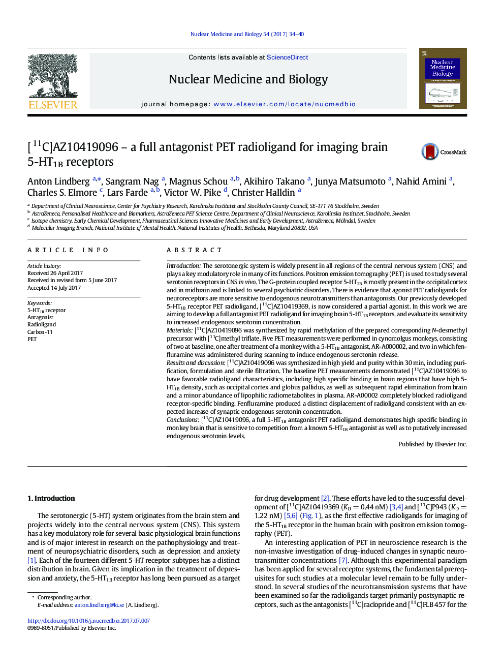 [11C]AZ10419096 - a full antagonist PET radioligand for imaging brain 5-HT1B receptors