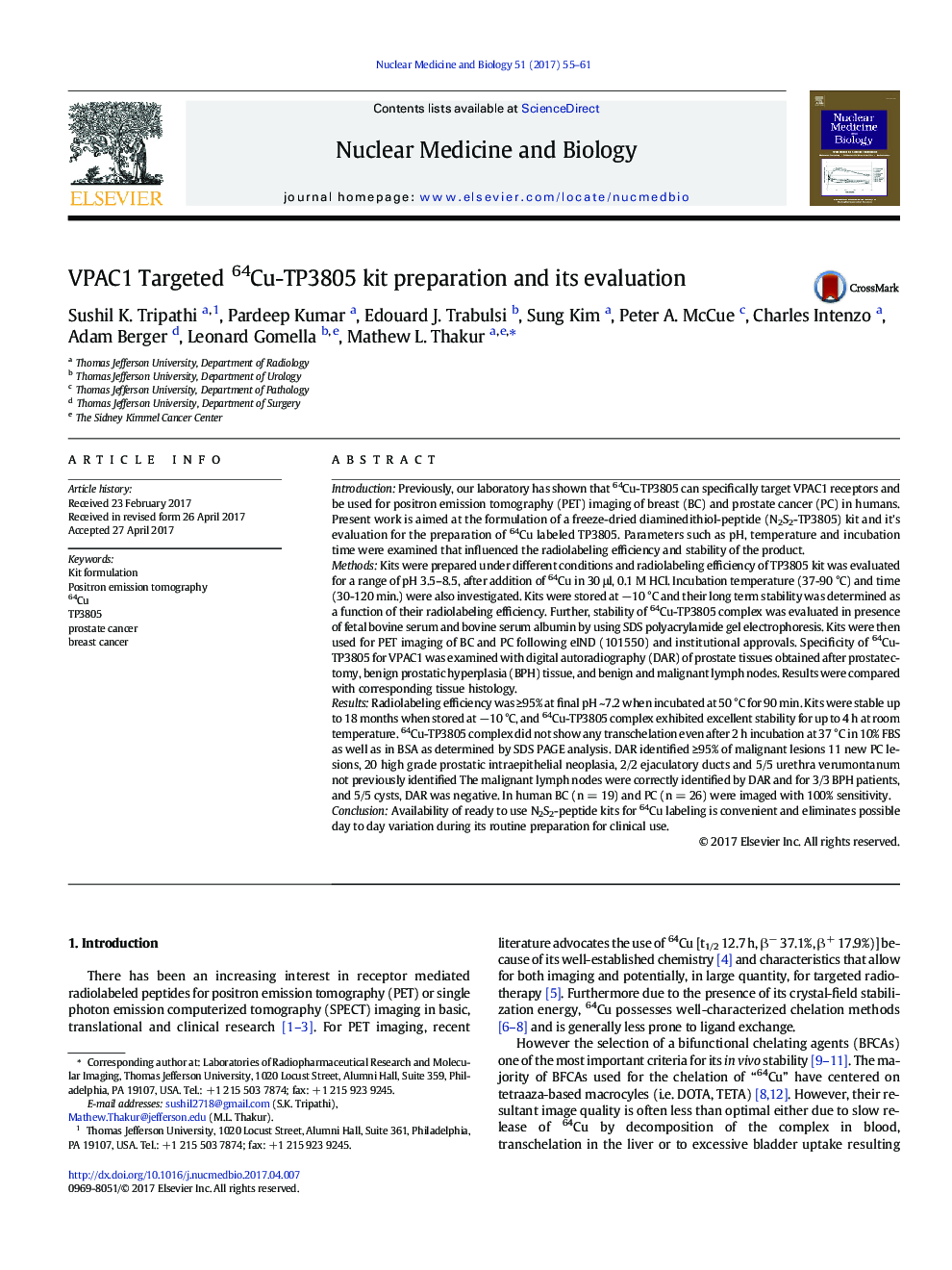 VPAC1 Targeted 64Cu-TP3805 kit preparation and its evaluation