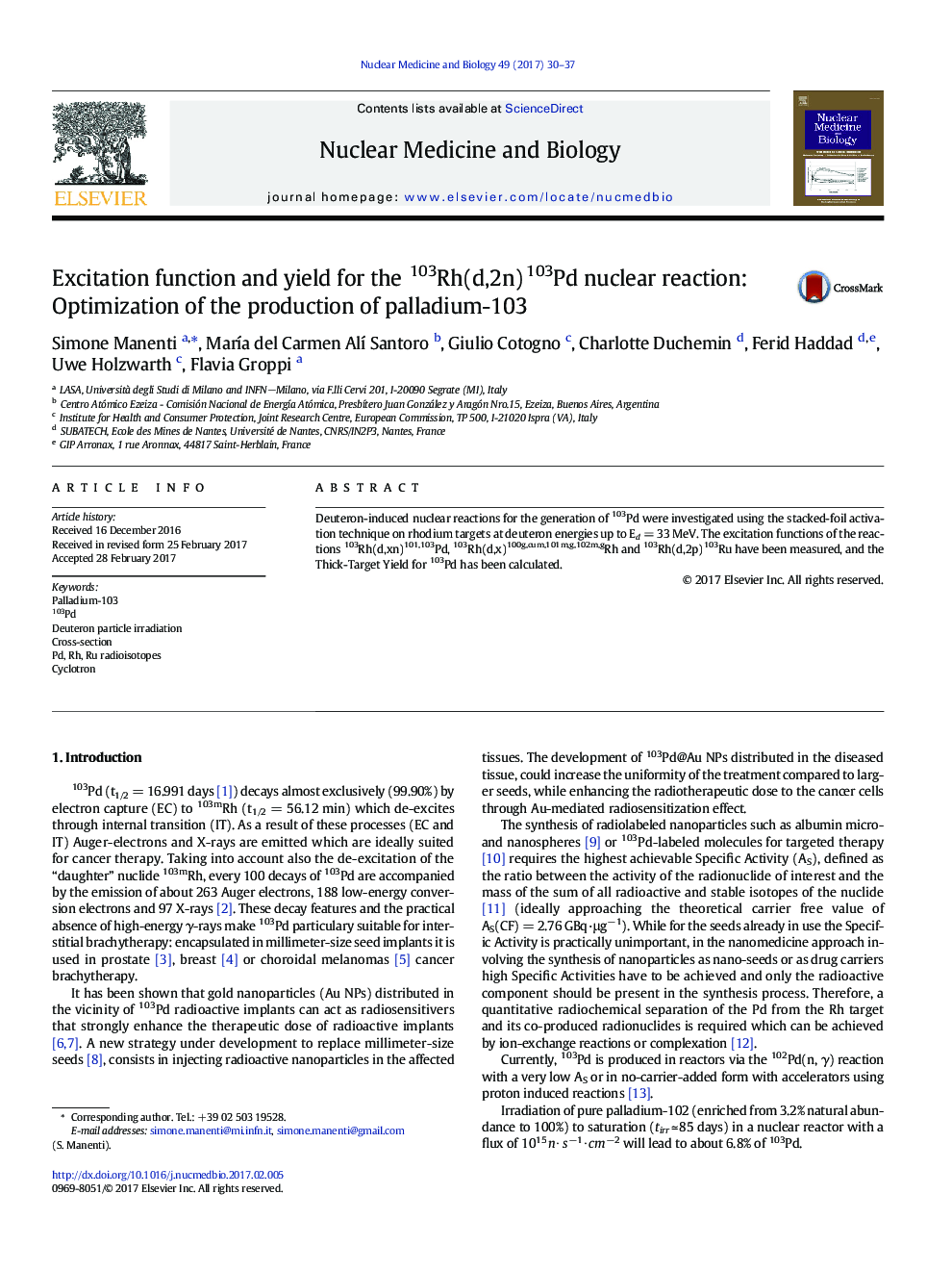 Excitation function and yield for the 103Rh(d,2n)103Pd nuclear reaction: Optimization of the production of palladium-103