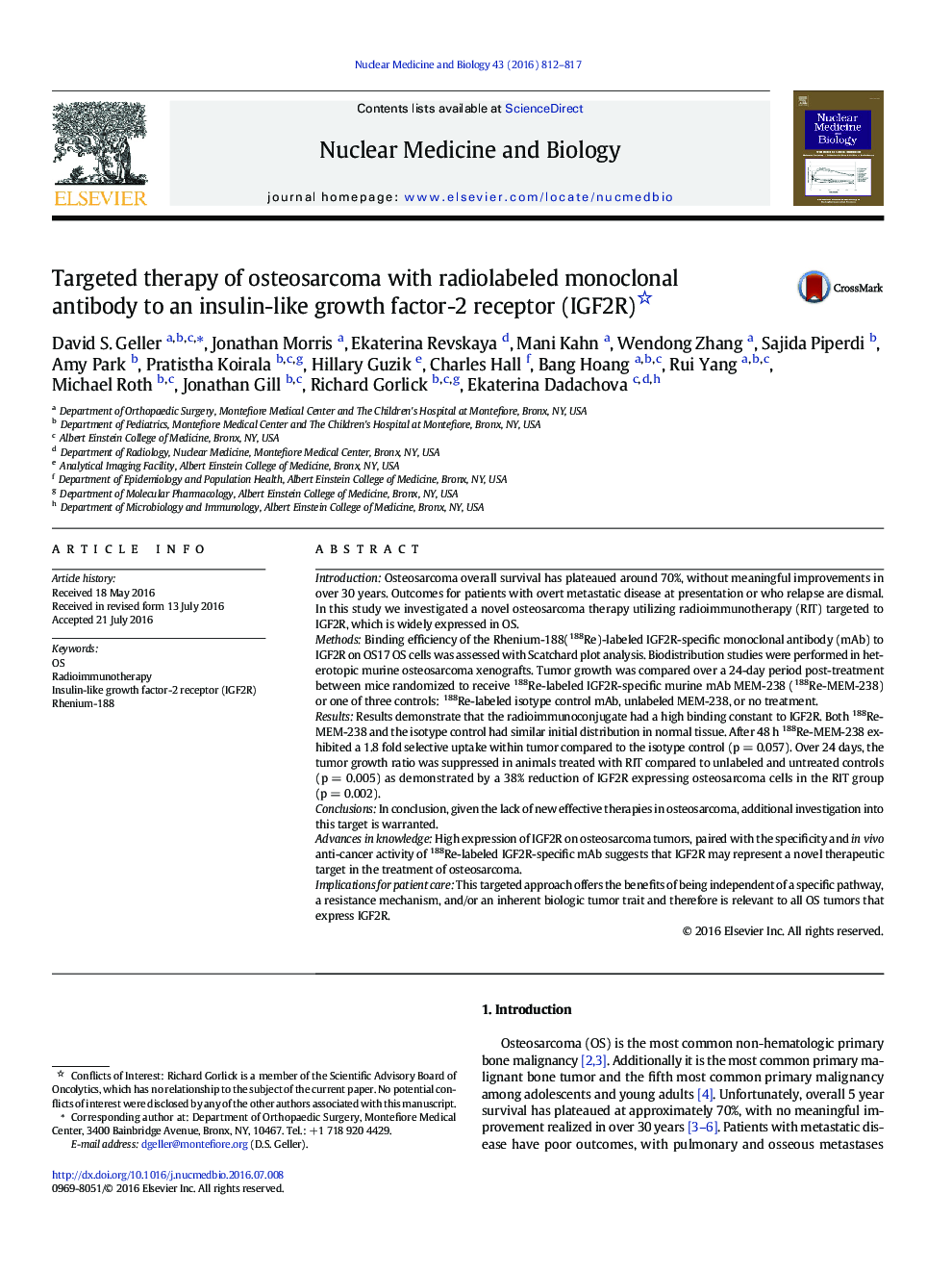 Targeted therapy of osteosarcoma with radiolabeled monoclonal antibody to an insulin-like growth factor-2 receptor (IGF2R)