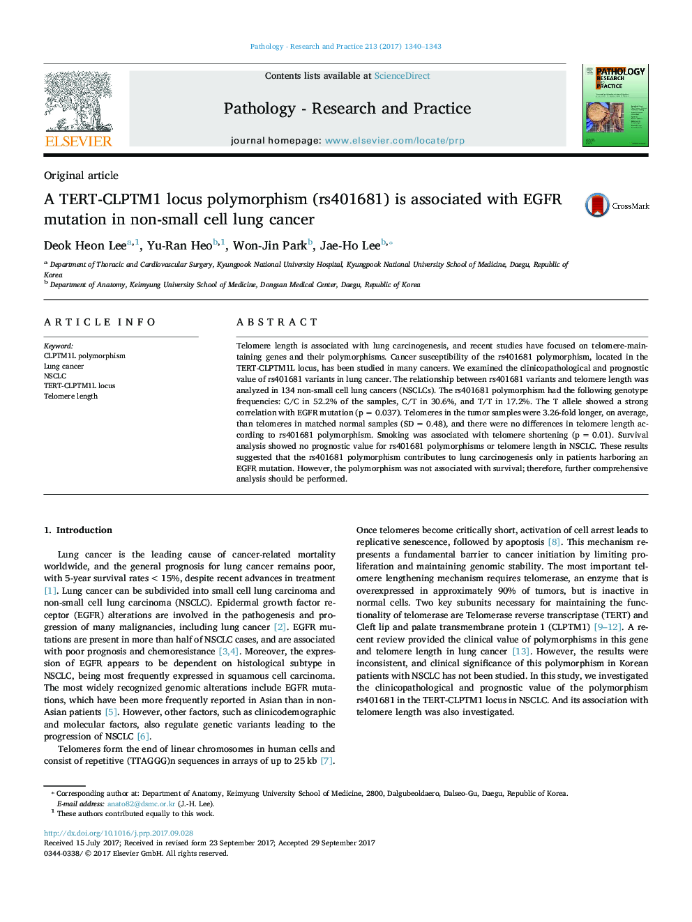 Original articleA TERT-CLPTM1 locus polymorphism (rs401681) is associated with EGFR mutation in non-small cell lung cancer