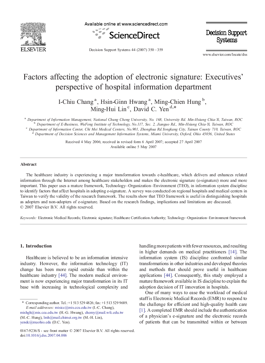 Factors affecting the adoption of electronic signature: Executives' perspective of hospital information department