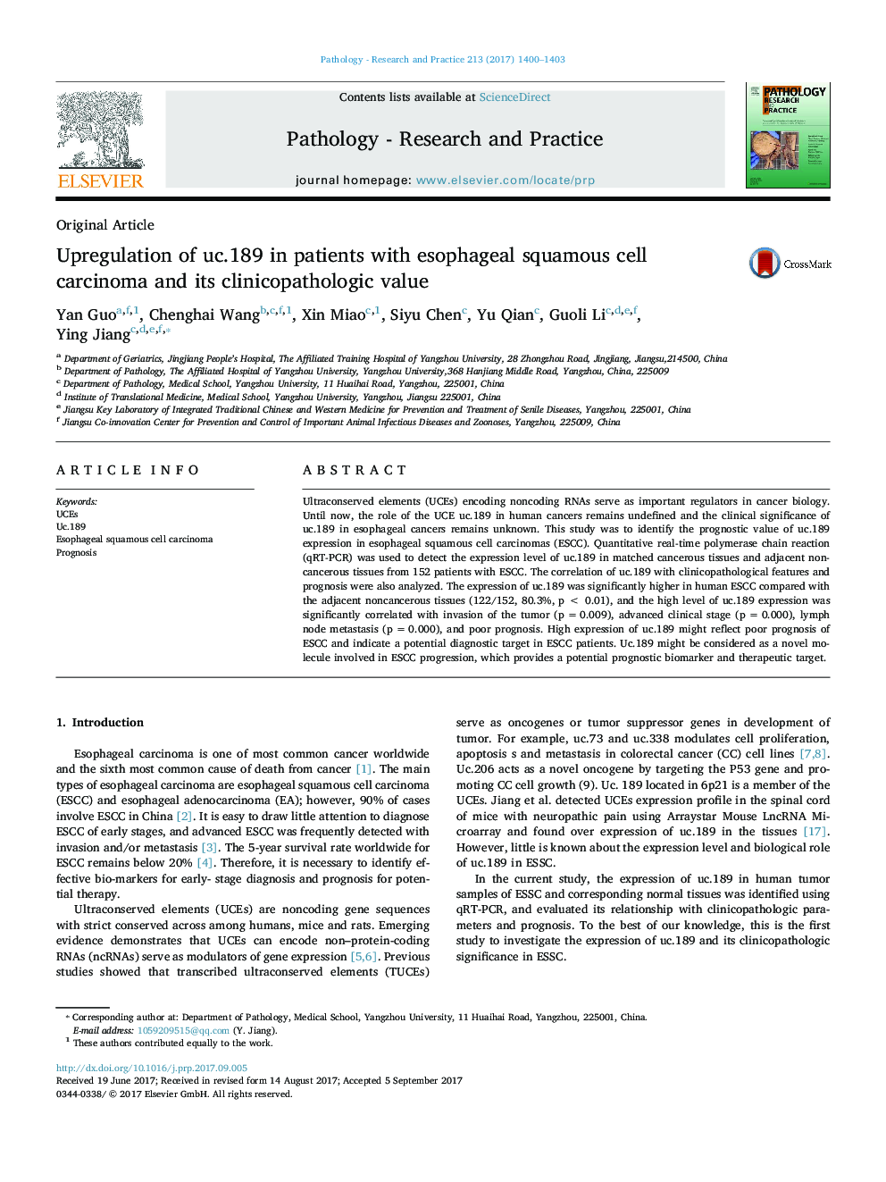 Original ArticleUpregulation of uc.189 in patients with esophageal squamous cell carcinoma and its clinicopathologic value