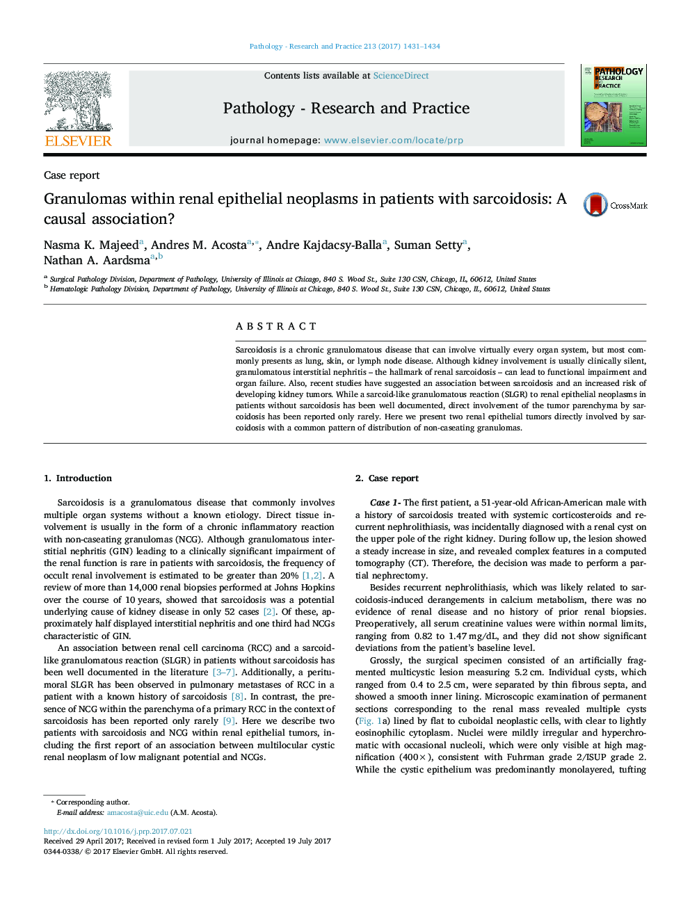 Case reportGranulomas within renal epithelial neoplasms in patients with sarcoidosis: A causal association?