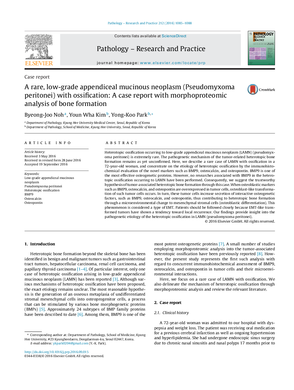 Case reportA rare, low-grade appendiceal mucinous neoplasm (Pseudomyxoma peritonei) with ossification: A case report with morphoproteomic analysis of bone formation