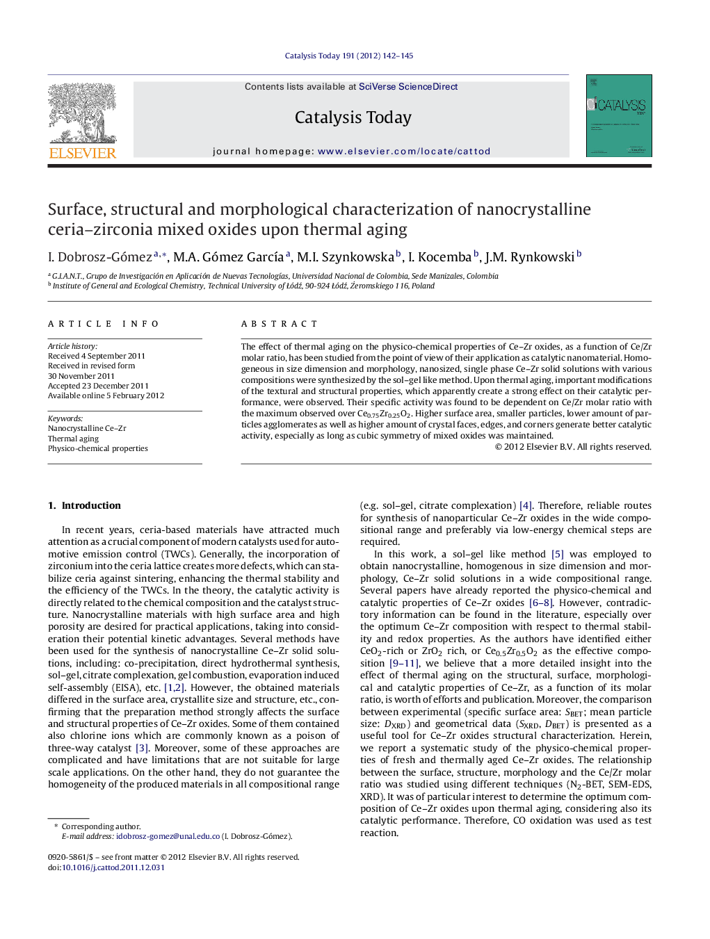 Surface, structural and morphological characterization of nanocrystalline ceria–zirconia mixed oxides upon thermal aging