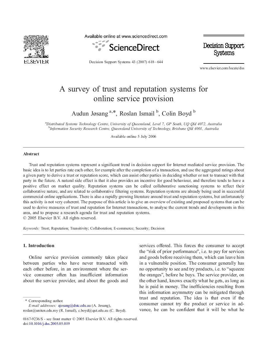 A survey of trust and reputation systems for online service provision