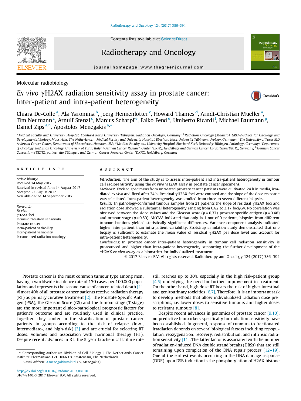 Molecular radiobiologyEx vivo Î³H2AX radiation sensitivity assay in prostate cancer: Inter-patient and intra-patient heterogeneity