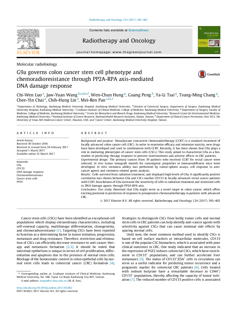 Molecular radiobiologyG9a governs colon cancer stem cell phenotype and chemoradioresistance through PP2A-RPA axis-mediated DNA damage response