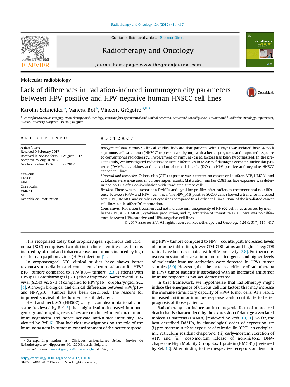 Molecular radiobiologyLack of differences in radiation-induced immunogenicity parameters between HPV-positive and HPV-negative human HNSCC cell lines