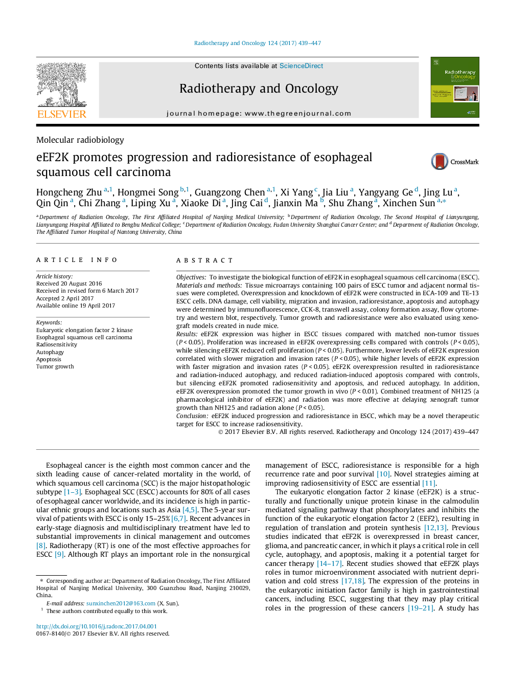 Molecular radiobiologyeEF2K promotes progression and radioresistance of esophageal squamous cell carcinoma