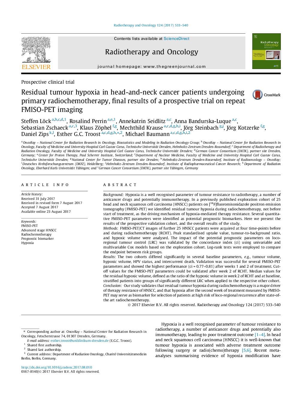 Prospective clinical trialResidual tumour hypoxia in head-and-neck cancer patients undergoing primary radiochemotherapy, final results of a prospective trial on repeat FMISO-PET imaging