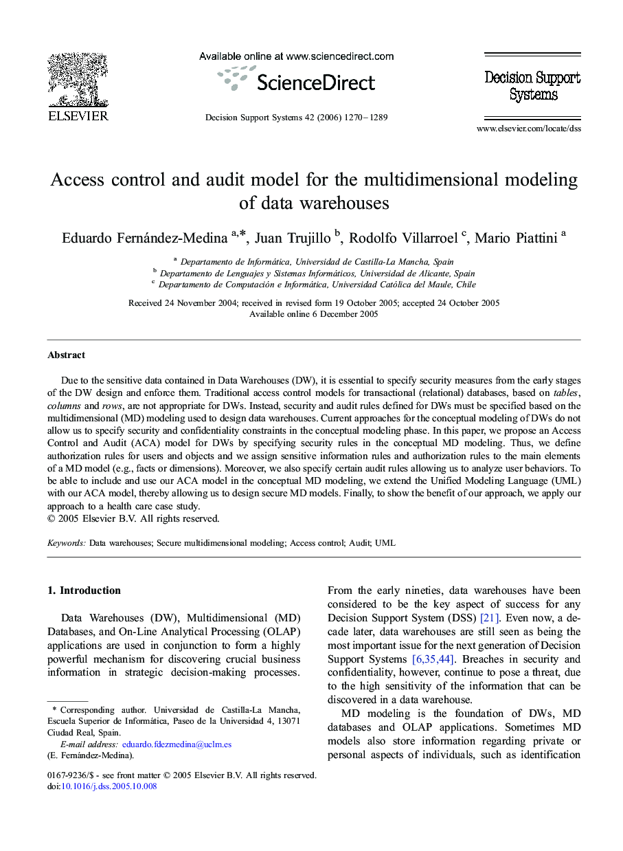 Access control and audit model for the multidimensional modeling of data warehouses