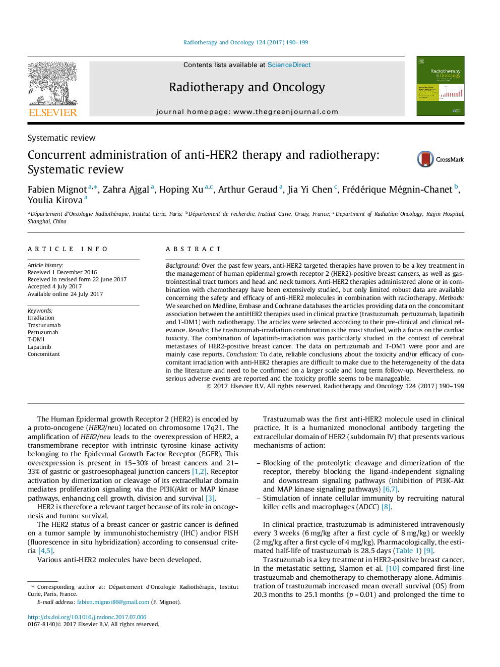 Systematic reviewConcurrent administration of anti-HER2 therapy and radiotherapy: Systematic review