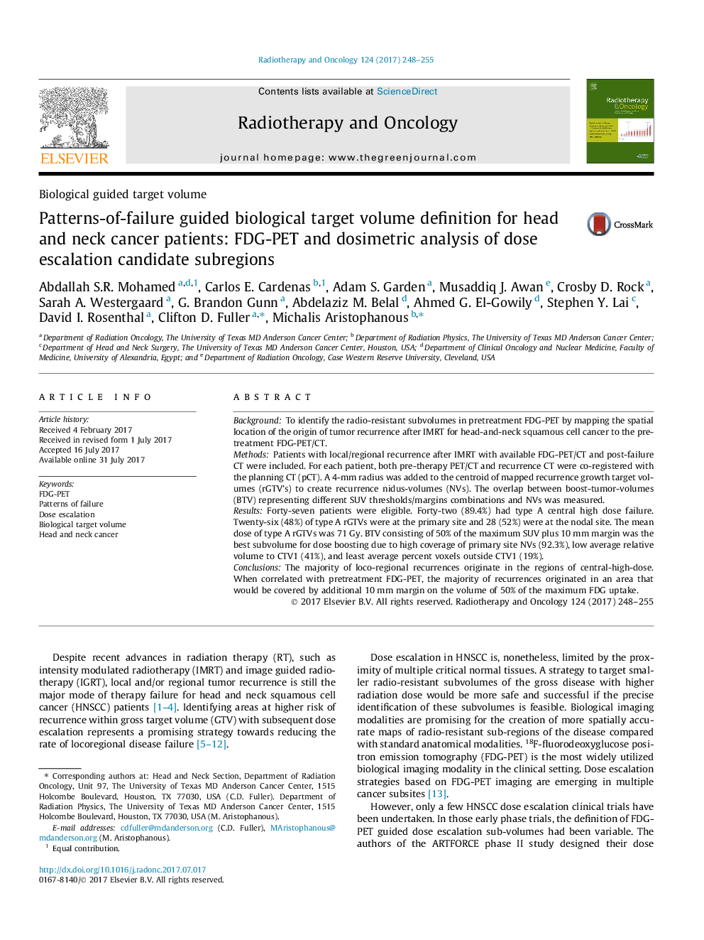 Biological guided target volumePatterns-of-failure guided biological target volume definition for head and neck cancer patients: FDG-PET and dosimetric analysis of dose escalation candidate subregions