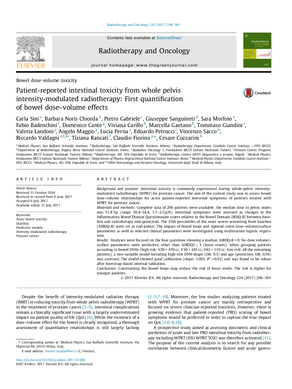 Bowel dose-volume toxicityPatient-reported intestinal toxicity from whole pelvis intensity-modulated radiotherapy: First quantification of bowel dose-volume effects