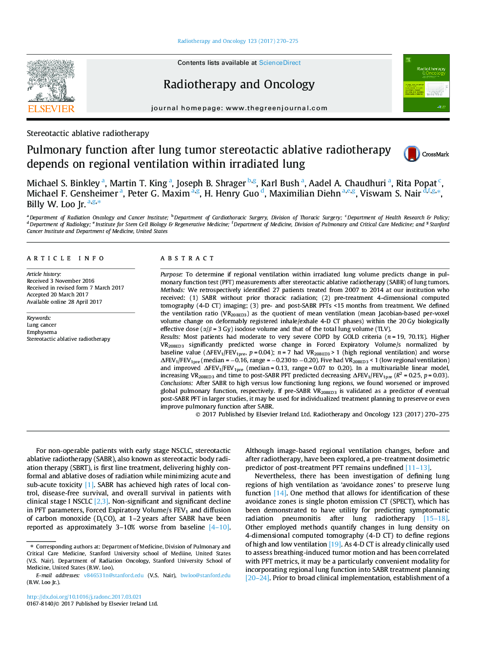 Stereotactic ablative radiotherapyPulmonary function after lung tumor stereotactic ablative radiotherapy depends on regional ventilation within irradiated lung