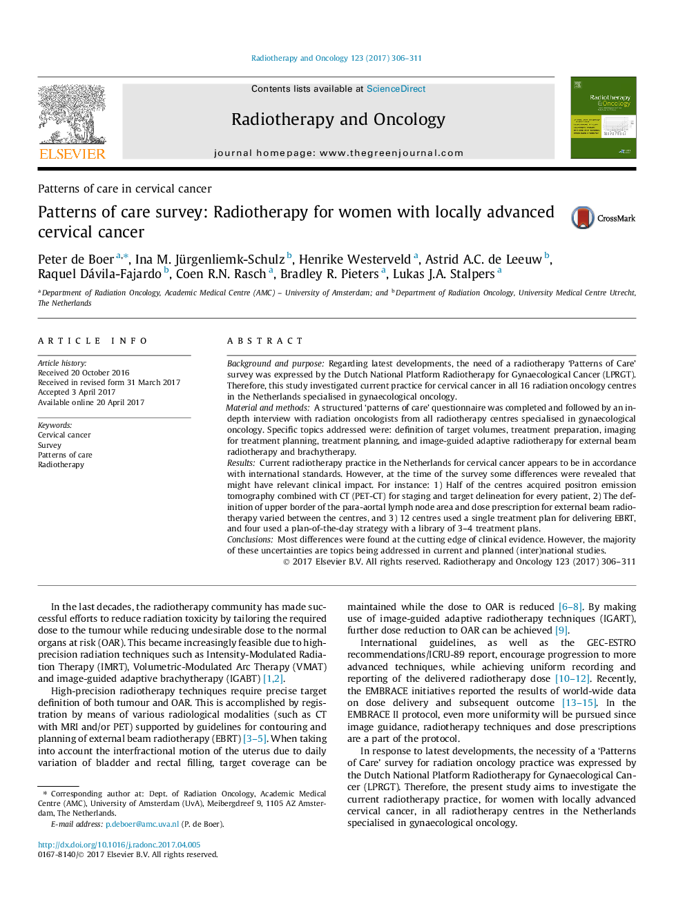 Patterns of care in cervical cancerPatterns of care survey: Radiotherapy for women with locally advanced cervical cancer