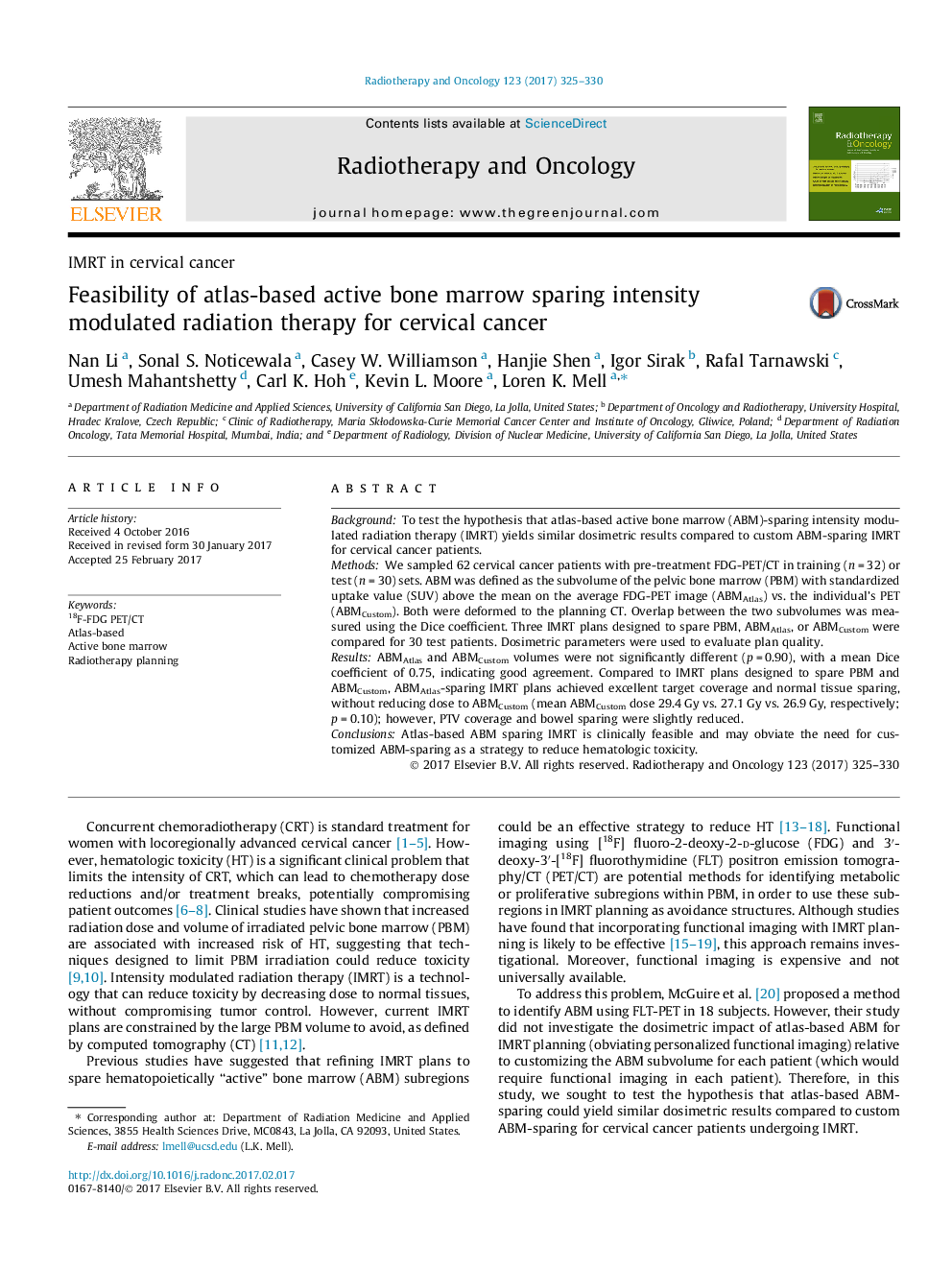 IMRT in cervical cancerFeasibility of atlas-based active bone marrow sparing intensity modulated radiation therapy for cervical cancer