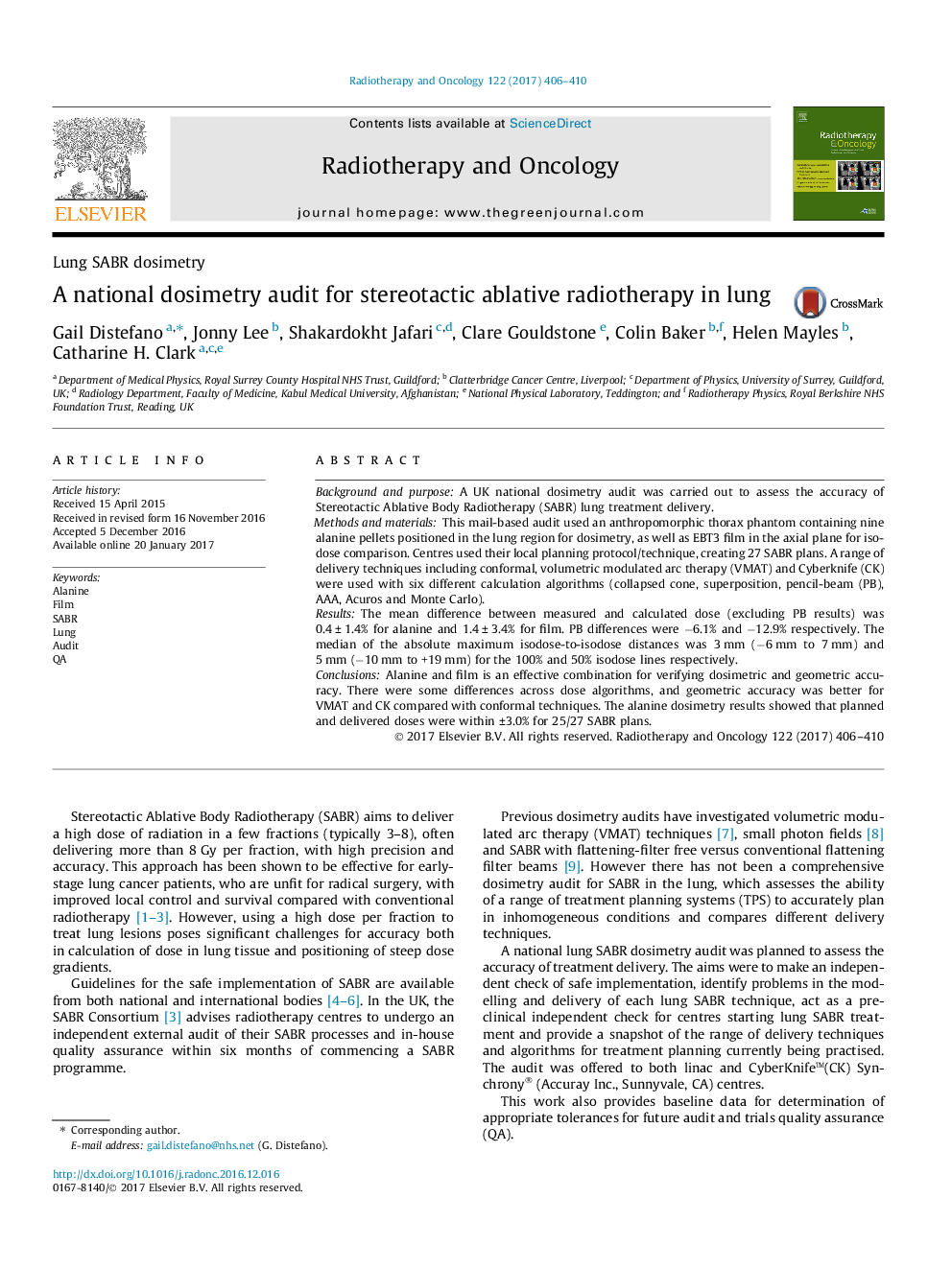 Lung SABR dosimetryA national dosimetry audit for stereotactic ablative radiotherapy in lung