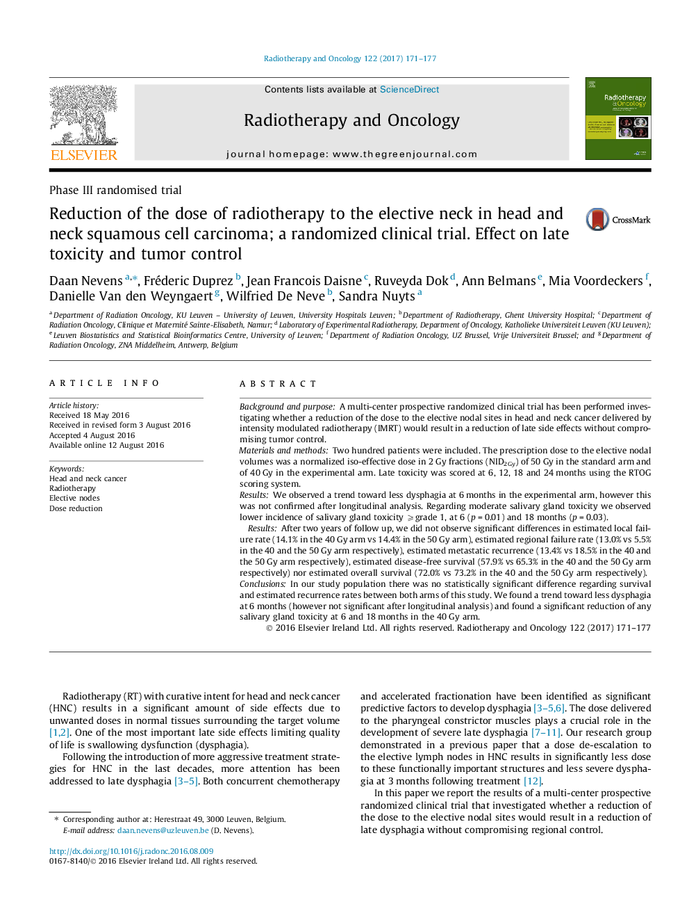 Phase III randomised trialReduction of the dose of radiotherapy to the elective neck in head and neck squamous cell carcinoma; a randomized clinical trial. Effect on late toxicity and tumor control