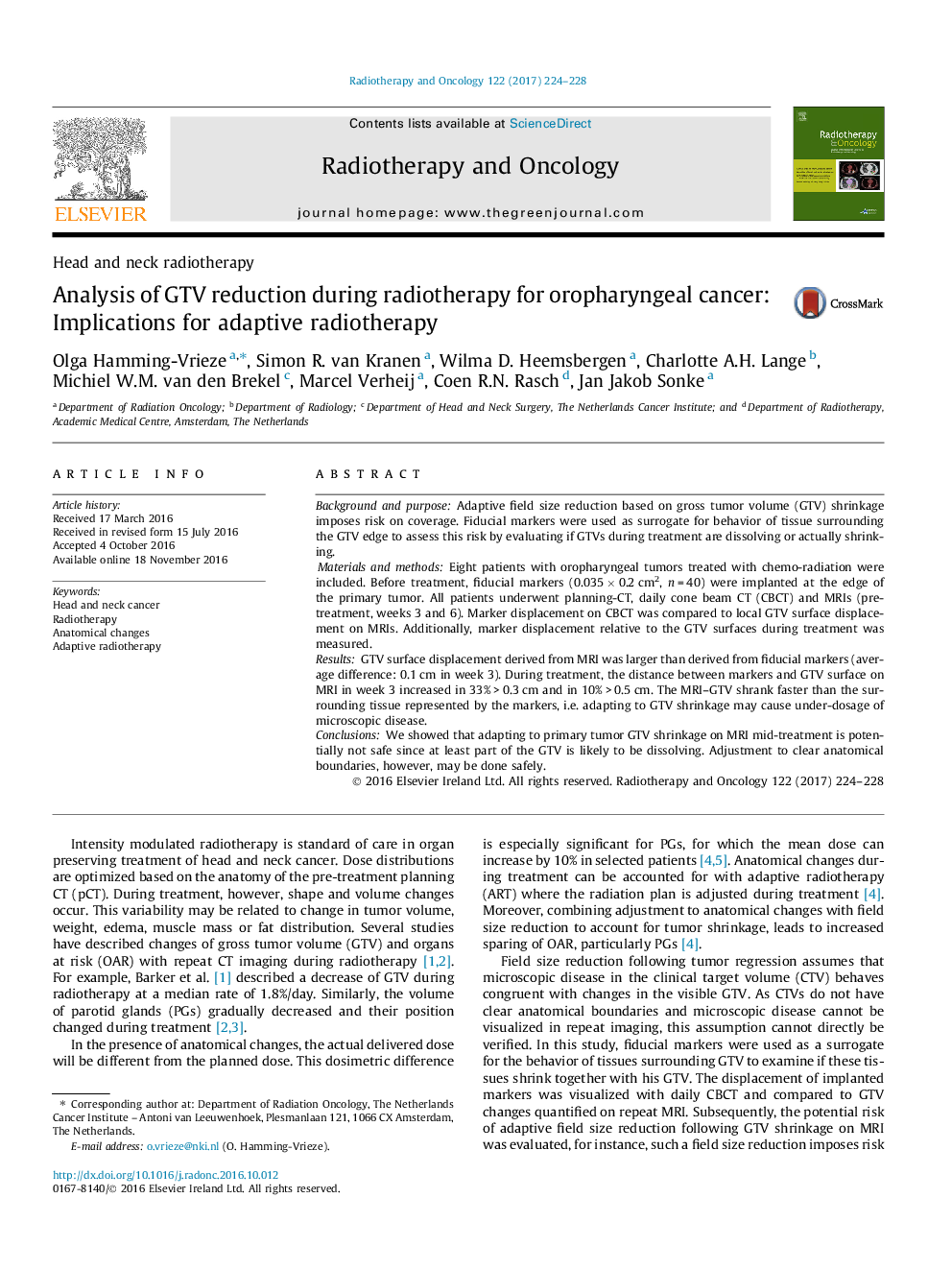 Head and neck radiotherapyAnalysis of GTV reduction during radiotherapy for oropharyngeal cancer: Implications for adaptive radiotherapy