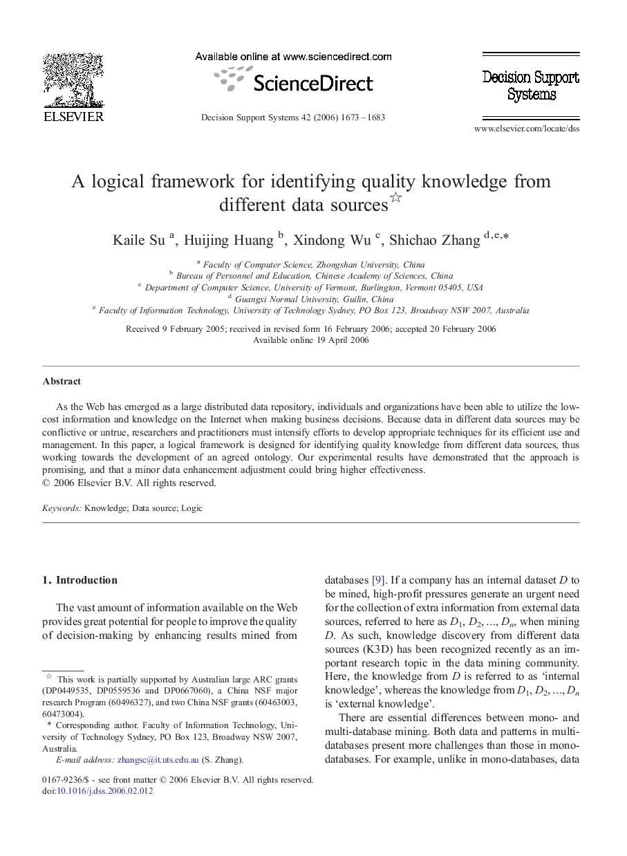 A logical framework for identifying quality knowledge from different data sources 